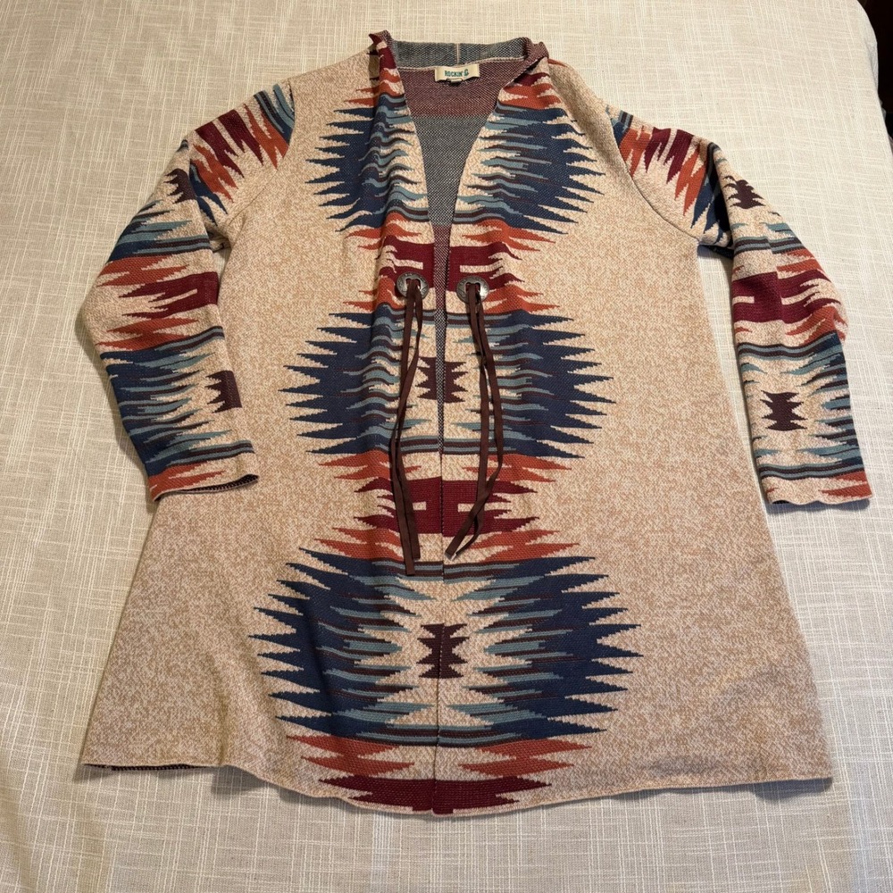 Rockin C Womens Southwestern Geometric Concho Tie Open Front Cardigan Tan Large